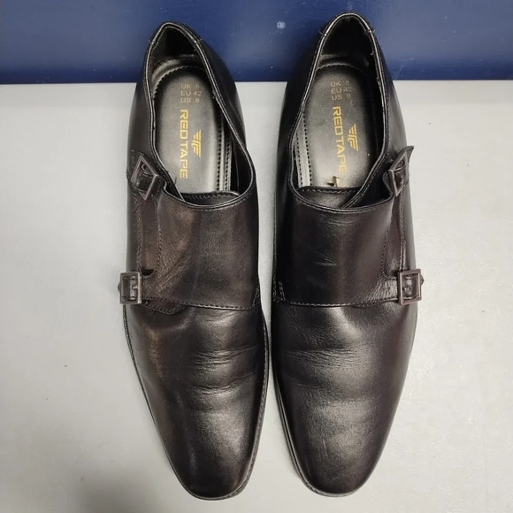 RedTape Oxford Dress‎ Shoes Mens US 9 Black Leather Twin Monk Strap Cuban Heel